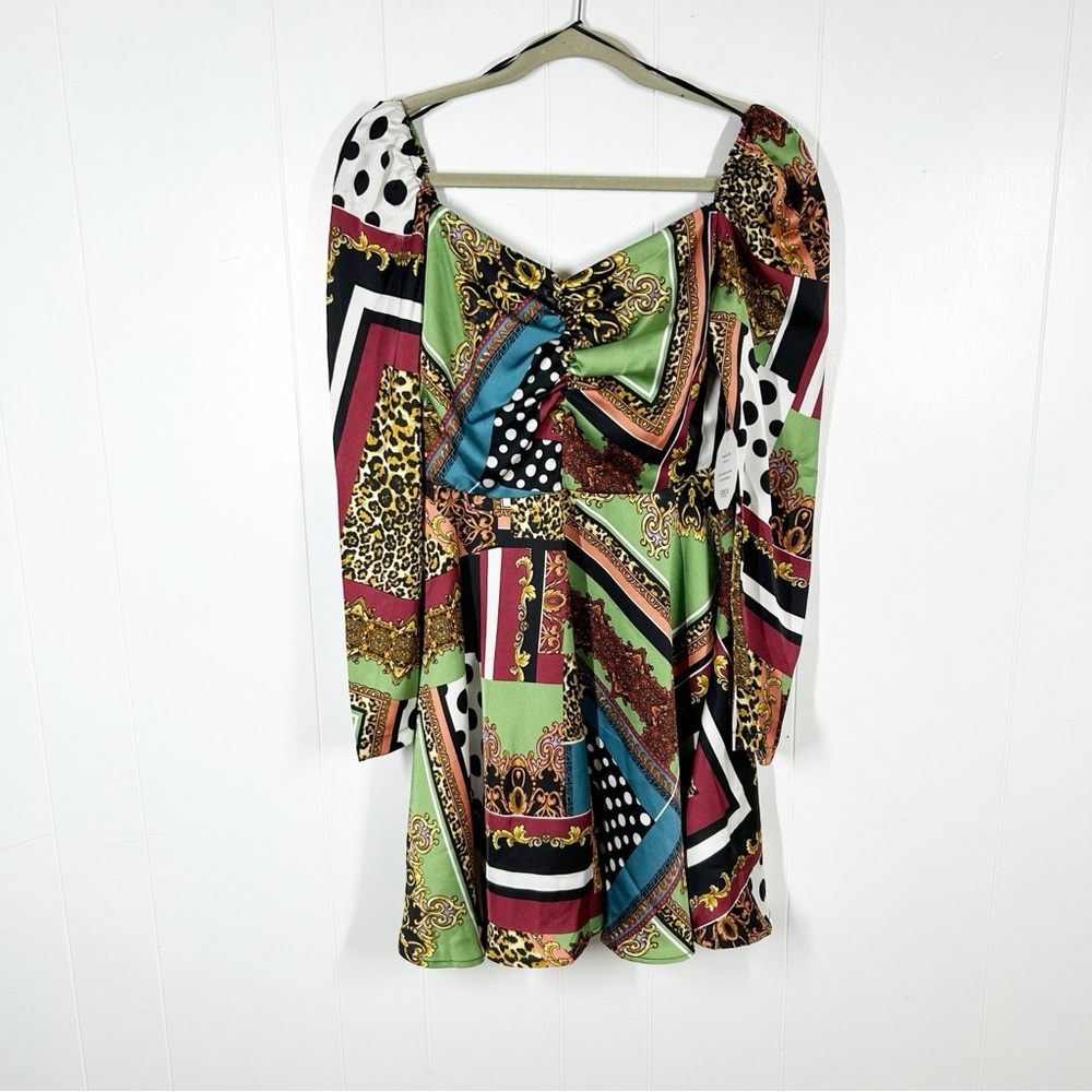NWT Outrageous Fortune Green Scarf Pattern Long Sleeve Festival Mini Dress 10
